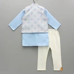 New Blue Kurta With Printed Embroidered Jacket And Pyjama BOY Indian Ethnic Wear | Ethnic Sets