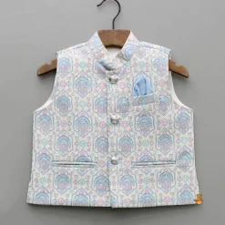 New Blue Kurta With Printed Embroidered Jacket And Pyjama BOY Indian Ethnic Wear | Ethnic Sets
