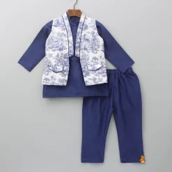 Clearance Blue Kurta With Printed Jacket And Pyjama BOY Indian Ethnic Wear | Ethnic Sets