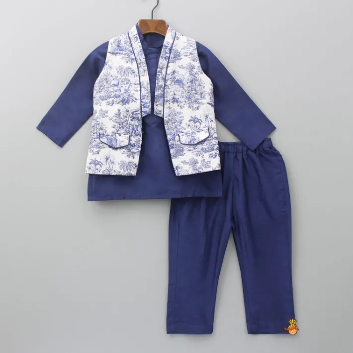 Clearance Blue Kurta With Printed Jacket And Pyjama BOY Indian Ethnic Wear | Ethnic Sets