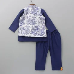 Clearance Blue Kurta With Printed Jacket And Pyjama BOY Indian Ethnic Wear | Ethnic Sets