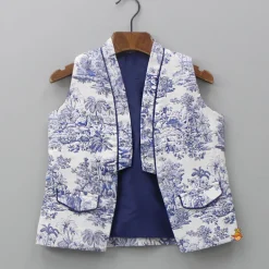 Clearance Blue Kurta With Printed Jacket And Pyjama BOY Indian Ethnic Wear | Ethnic Sets