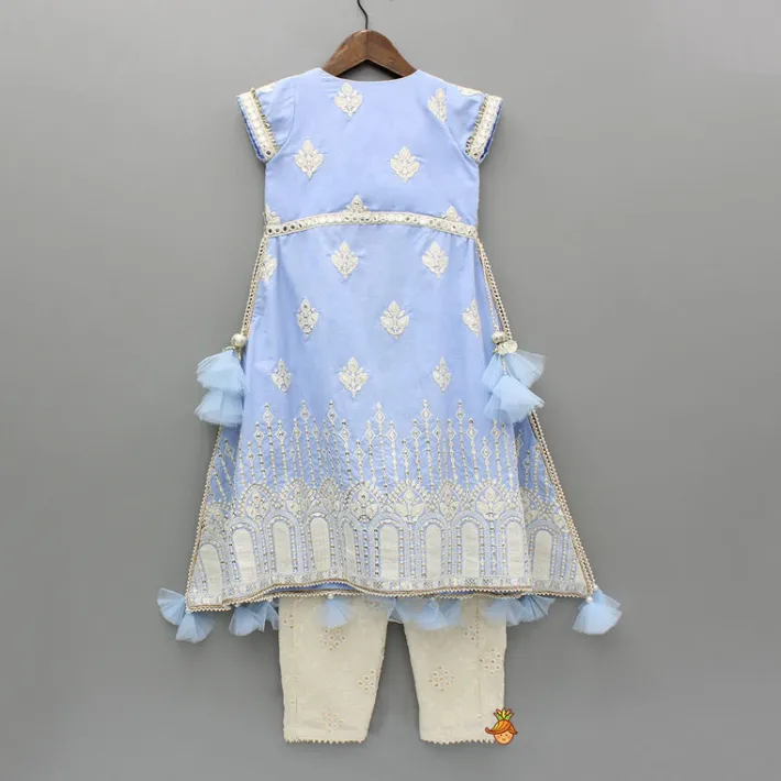 Outlet Blue Long Embroidered Kurti With Strappy Top And Pant Ethnic Wear | Churidars & Salwars