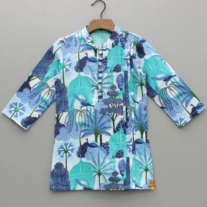 Sale Blue Multicolour Printed Kurta With Pintuck Detail And Pyjama BOY Indian Ethnic Wear | Ethnic Sets