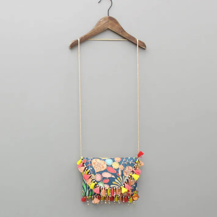 New Blue Multicoloured Printed And Embroidered Sling Bag Bags