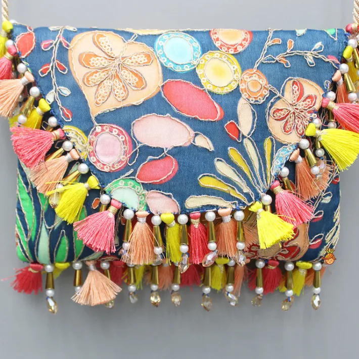 New Blue Multicoloured Printed And Embroidered Sling Bag Bags