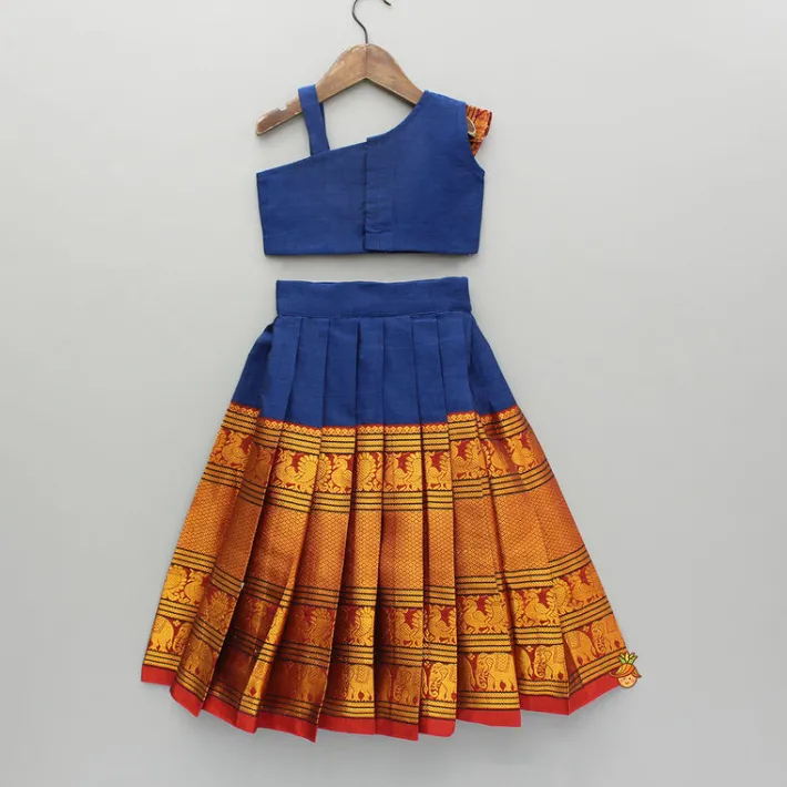 Outlet Blue One Shoulder Pleats Detailed Top And Pleated Lehenga Twinning Sets | Ethnic Wear