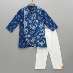 Clearance Blue Printed Asymmetric Kurta And Pyjama BOY Indian Ethnic Wear | Ethnic Sets
