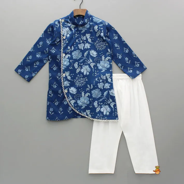 Clearance Blue Printed Asymmetric Kurta And Pyjama BOY Indian Ethnic Wear | Ethnic Sets