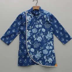 Clearance Blue Printed Asymmetric Kurta And Pyjama BOY Indian Ethnic Wear | Ethnic Sets