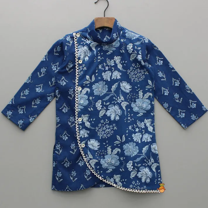 Clearance Blue Printed Asymmetric Kurta And Pyjama BOY Indian Ethnic Wear | Ethnic Sets