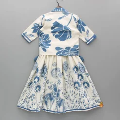 Online Blue Printed Flared Kurti And Front Open Collar Jacket Ethnic Wear | Kurtis & Jumpsuits