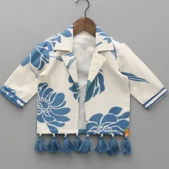 Online Blue Printed Flared Kurti And Front Open Collar Jacket Ethnic Wear | Kurtis & Jumpsuits
