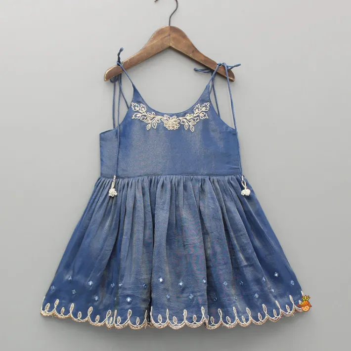Fashion Blue Shimmery Strappy Embroidered Kurti And Palazzo Ethnic Wear | Palazzos & Shararas