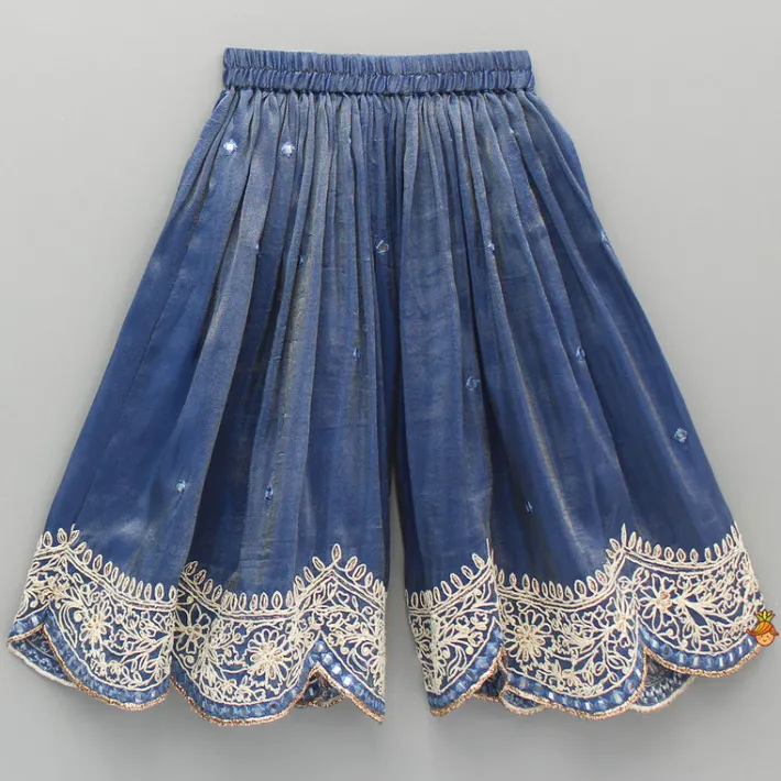 Fashion Blue Shimmery Strappy Embroidered Kurti And Palazzo Ethnic Wear | Palazzos & Shararas
