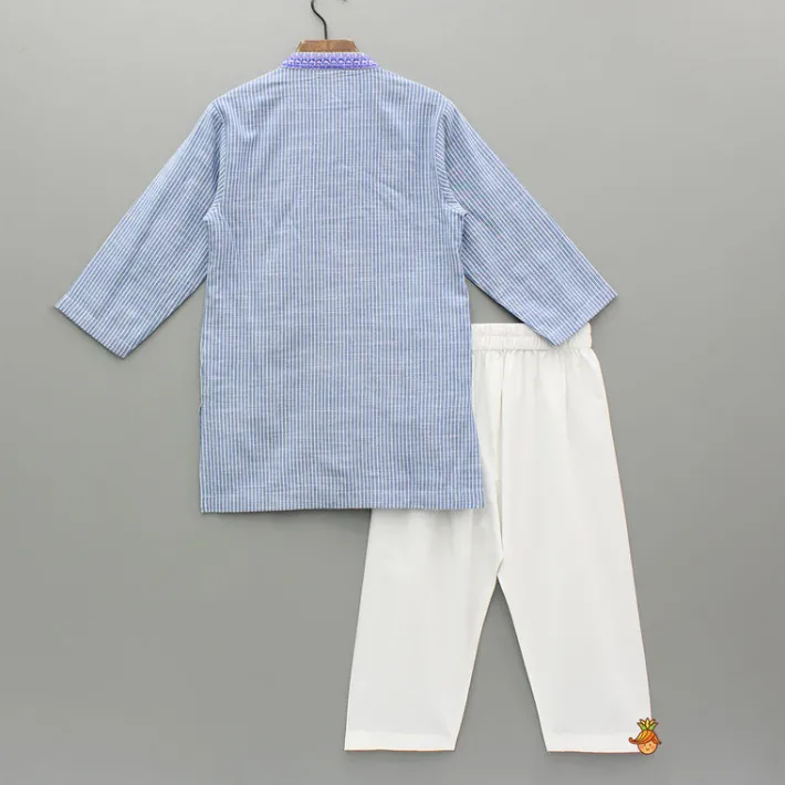 Online Blue Striped Embroidered Kurta With White Pyjama BOY Indian Ethnic Wear | Ethnic Sets