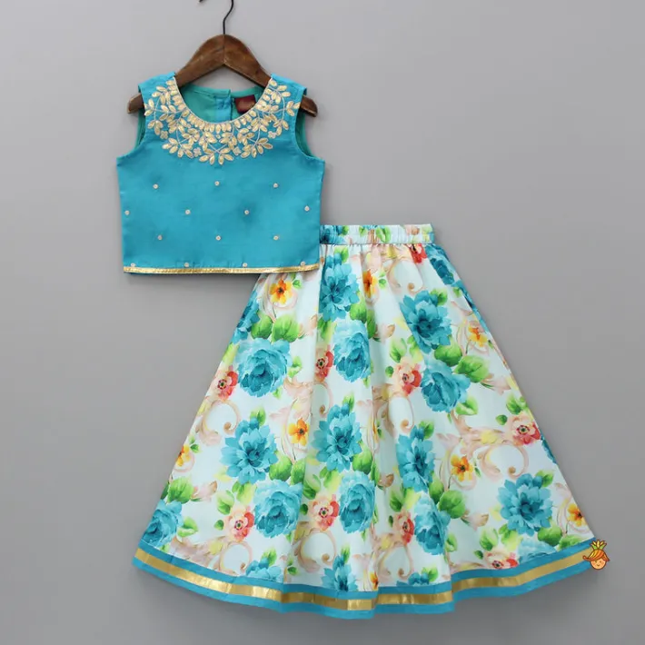 Discount Blue Top And Floral Printed Lehenga With Net Dupatta Lehengas & Ghagras | Ethnic Wear
