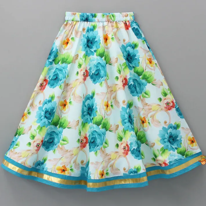 Discount Blue Top And Floral Printed Lehenga With Net Dupatta Lehengas & Ghagras | Ethnic Wear