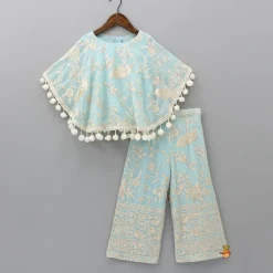 Outlet Blue Top With Pom Poms Detailed Embroidered Cape And Palazzo Ethnic Wear | Palazzos & Shararas