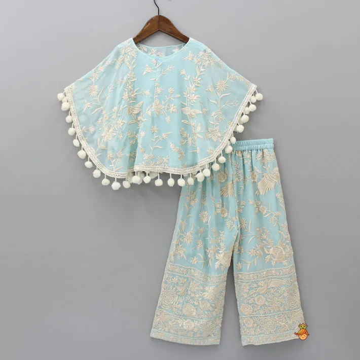 Outlet Blue Top With Pom Poms Detailed Embroidered Cape And Palazzo Ethnic Wear | Palazzos & Shararas