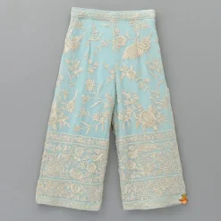Outlet Blue Top With Pom Poms Detailed Embroidered Cape And Palazzo Ethnic Wear | Palazzos & Shararas
