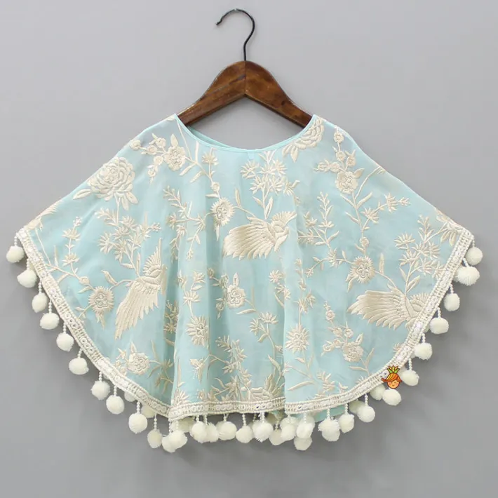 Outlet Blue Top With Pom Poms Detailed Embroidered Cape And Palazzo Ethnic Wear | Palazzos & Shararas