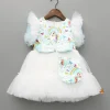 Fashion Blue Unicorn Printed White Frilly Dress With Matching Sling Bag Dresses & Sets | Dresses