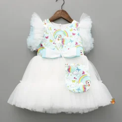 Fashion Blue Unicorn Printed White Frilly Dress With Matching Sling Bag Dresses & Sets | Dresses