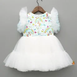 Fashion Blue Unicorn Printed White Frilly Dress With Matching Sling Bag Dresses & Sets | Dresses