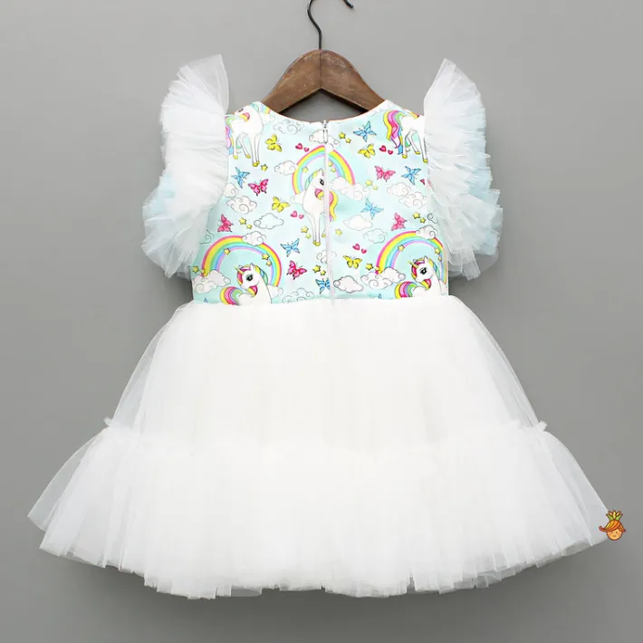 Fashion Blue Unicorn Printed White Frilly Dress With Matching Sling Bag Dresses & Sets | Dresses
