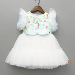 Fashion Blue Unicorn Printed White Frilly Dress With Matching Sling Bag Dresses & Sets | Dresses