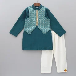 Clearance Bottle Green Kurta With Attached Jacket And Pyjama BOY Indian Ethnic Wear | Ethnic Sets