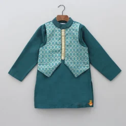 Clearance Bottle Green Kurta With Attached Jacket And Pyjama BOY Indian Ethnic Wear | Ethnic Sets