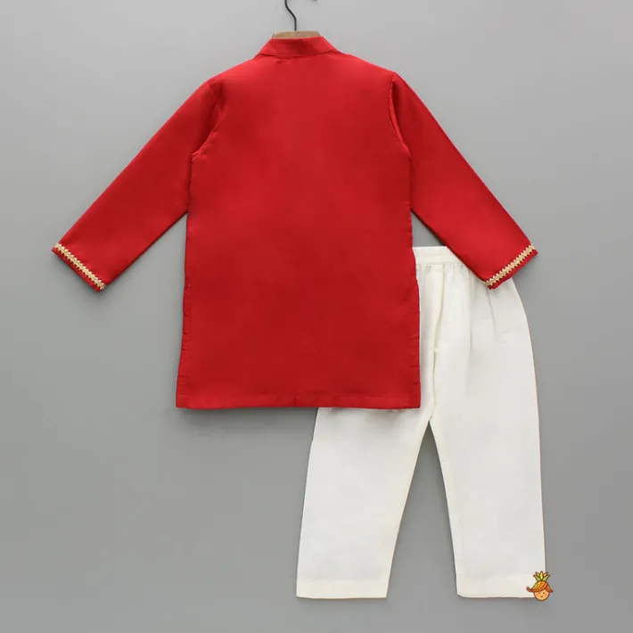 Outlet Brocade Attached Flap Red Kurta And Off White Pyjama BOY Twinning Sets | Indian Ethnic Wear
