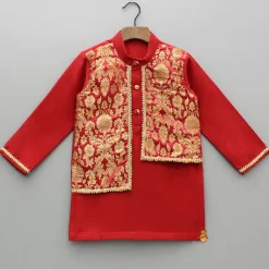 Outlet Brocade Attached Flap Red Kurta And Off White Pyjama BOY Twinning Sets | Indian Ethnic Wear