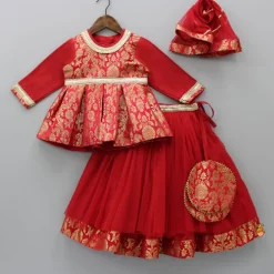 New Brocade Embroidered Red Box Pleated Top And Layered Lehenga With Matching Diagonal Gota Lace Work Dupatta Twinning Sets | Ethnic Wear