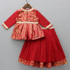 New Brocade Embroidered Red Box Pleated Top And Layered Lehenga With Matching Diagonal Gota Lace Work Dupatta Twinning Sets | Ethnic Wear