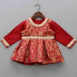 New Brocade Embroidered Red Box Pleated Top And Layered Lehenga With Matching Diagonal Gota Lace Work Dupatta Twinning Sets | Ethnic Wear