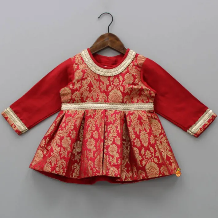 New Brocade Embroidered Red Box Pleated Top And Layered Lehenga With Matching Diagonal Gota Lace Work Dupatta Twinning Sets | Ethnic Wear