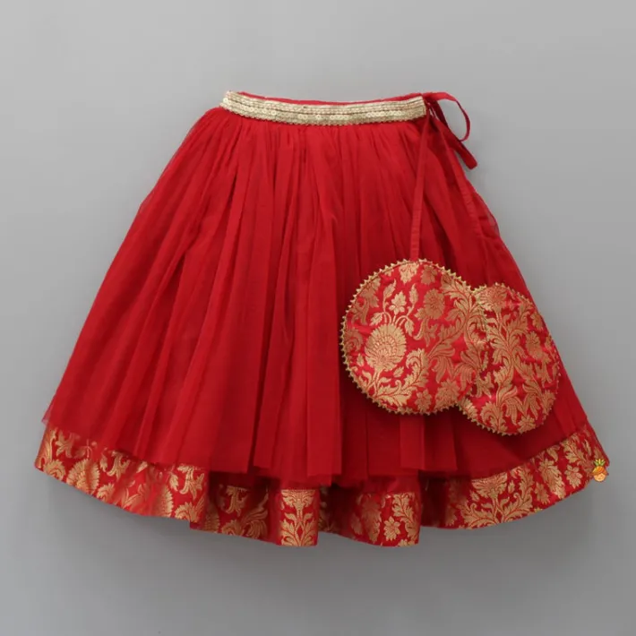 New Brocade Embroidered Red Box Pleated Top And Layered Lehenga With Matching Diagonal Gota Lace Work Dupatta Twinning Sets | Ethnic Wear