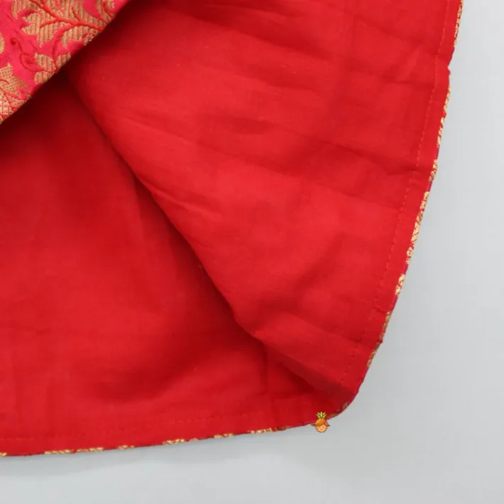 New Brocade Embroidered Red Box Pleated Top And Layered Lehenga With Matching Diagonal Gota Lace Work Dupatta Twinning Sets | Ethnic Wear