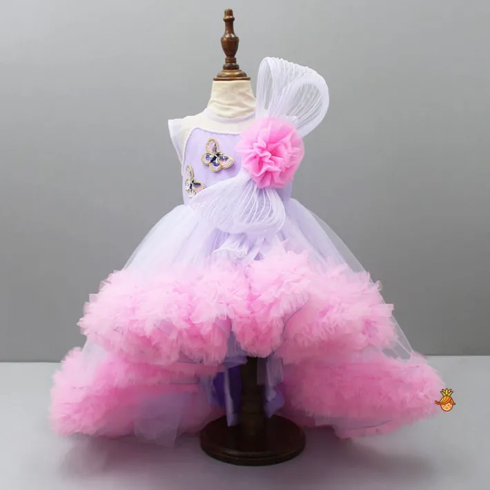Fashion Butterfly Adorned Net High Low Dress With Matching Detachable Bow Dresses & Sets | Dresses