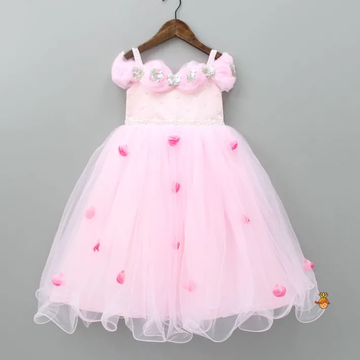 Best Butterfly And Pearls Enhanced Yoke Floral Baby Pink Gown With Detachable Drape Bow Dresses & Sets | Gowns