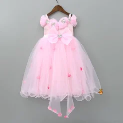 Best Butterfly And Pearls Enhanced Yoke Floral Baby Pink Gown With Detachable Drape Bow Dresses & Sets | Gowns