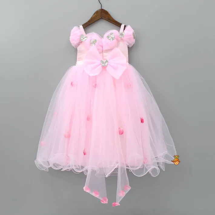 Best Butterfly And Pearls Enhanced Yoke Floral Baby Pink Gown With Detachable Drape Bow Dresses & Sets | Gowns