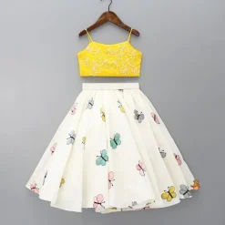 Hot Butterfly Embroidered Strappy Yellow Top And Flared Lehenga Ethnic Wear | Lehengas & Ghagras