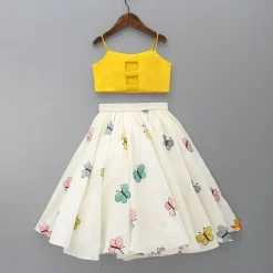 Hot Butterfly Embroidered Strappy Yellow Top And Flared Lehenga Ethnic Wear | Lehengas & Ghagras