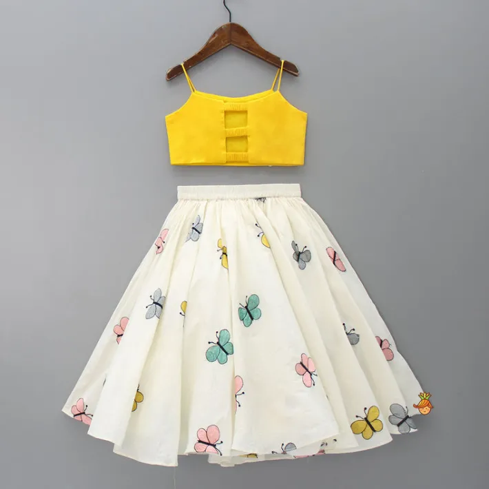 Hot Butterfly Embroidered Strappy Yellow Top And Flared Lehenga Ethnic Wear | Lehengas & Ghagras