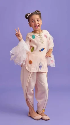 New Candies Embroidered Peach Kurti And Tulip Pant With Organza Ruffle Dupatta Ethnic Wear | Dhotis & Patialas