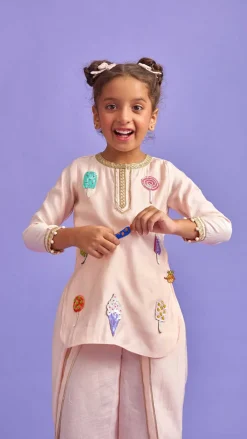 New Candies Embroidered Peach Kurti And Tulip Pant With Organza Ruffle Dupatta Ethnic Wear | Dhotis & Patialas